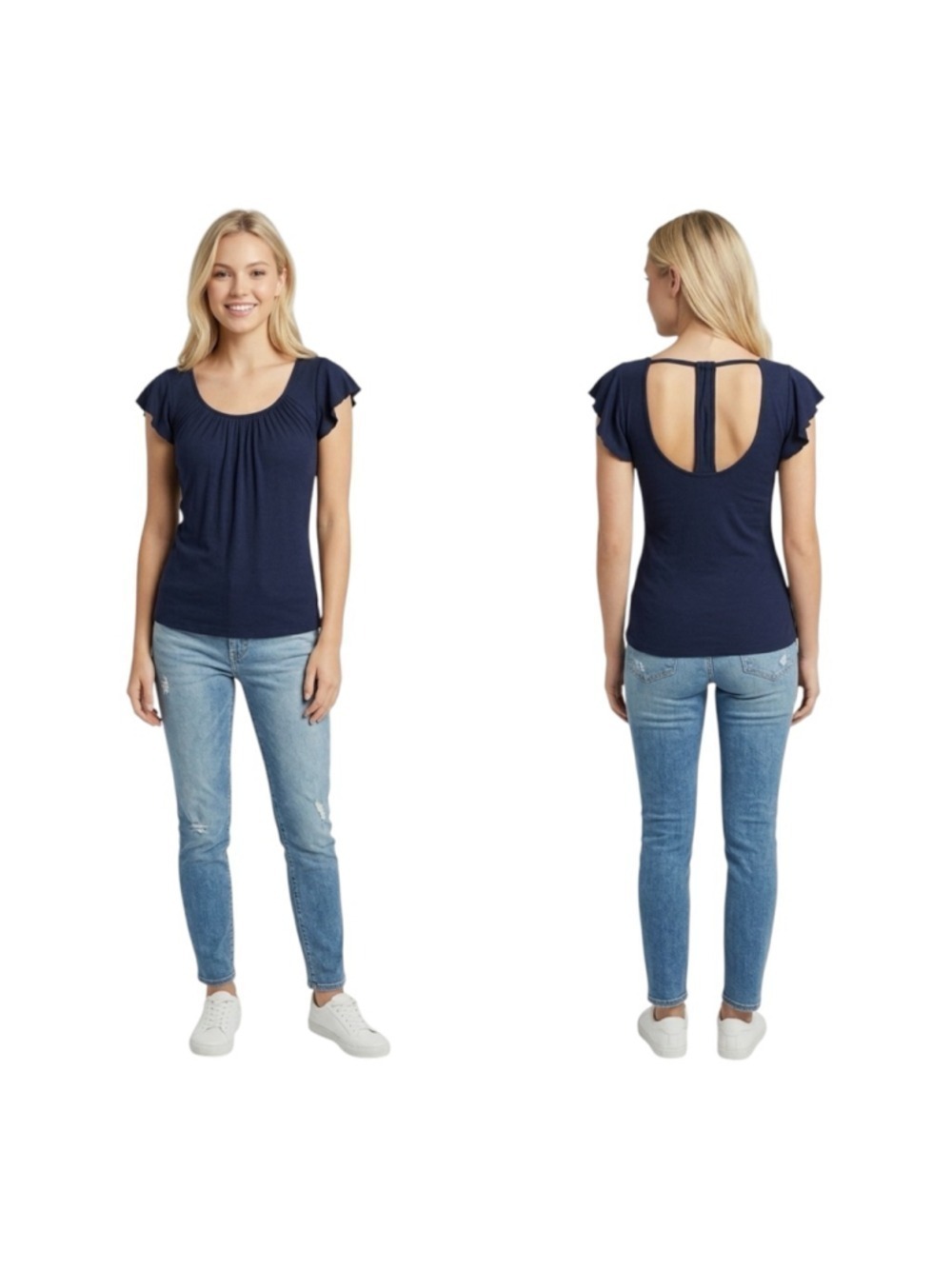 JJ Winks Navy Ribbed Open Back Flutter Sleeve Top XS Built In Bra Made in LA